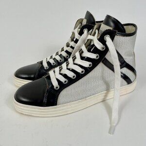 Women's Hogan Rebel R182 High Top Sneakers, Black Leather/SIiver Sequin, Size 36